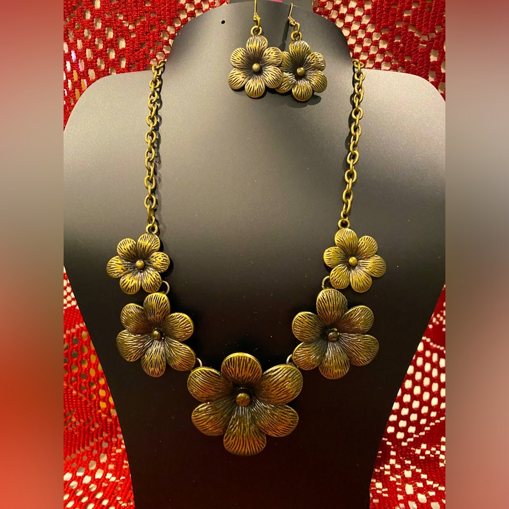 Floral Brass Necklace and Earring Set